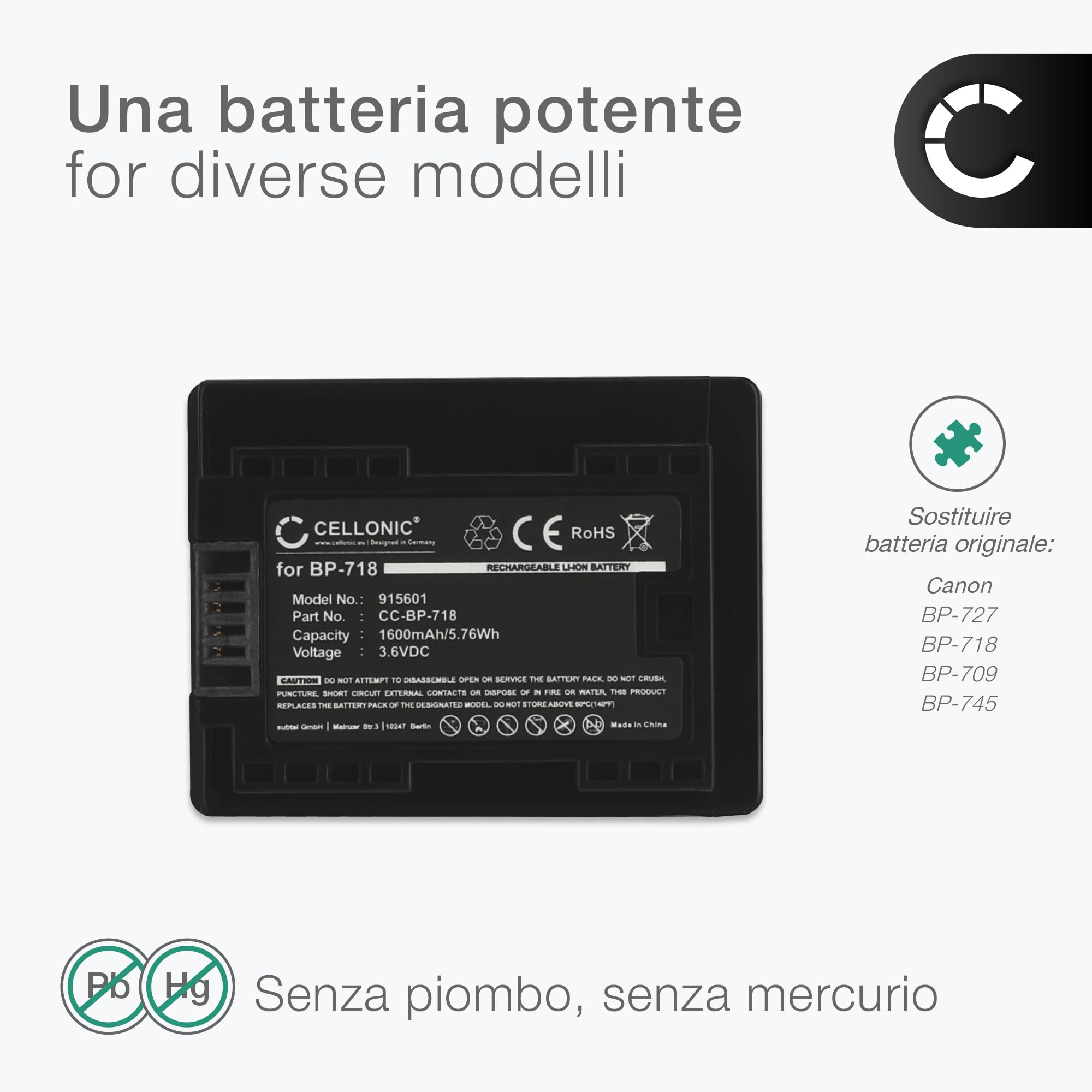 CELLONIC 1x Batteria per Fotocamera Compatibile con Canon VIXIA HF R50, LEGRIA HF R806, LEGRIA HF R606, BP-727 – (1600mAh, 3.6V)