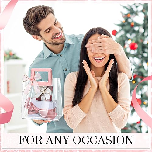 Miniatura 2 de Fulmoon 12 bolsas de regalo transparentes con asa y 2 rollos de cinta transparente rosa con ribete dorado, bolsa de regalo de PVC transparente
