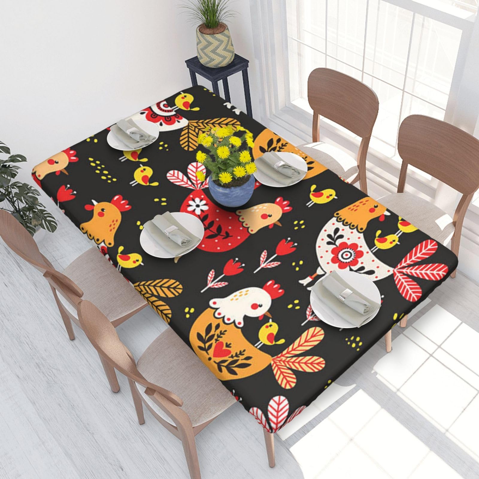 BNVSADC Cute Rooster Chickens Printed 4FT Tablecloth 122x76 CM Polyester Kitchen Water Resistant Table Cloth Dining Table Decoration Table Covers
