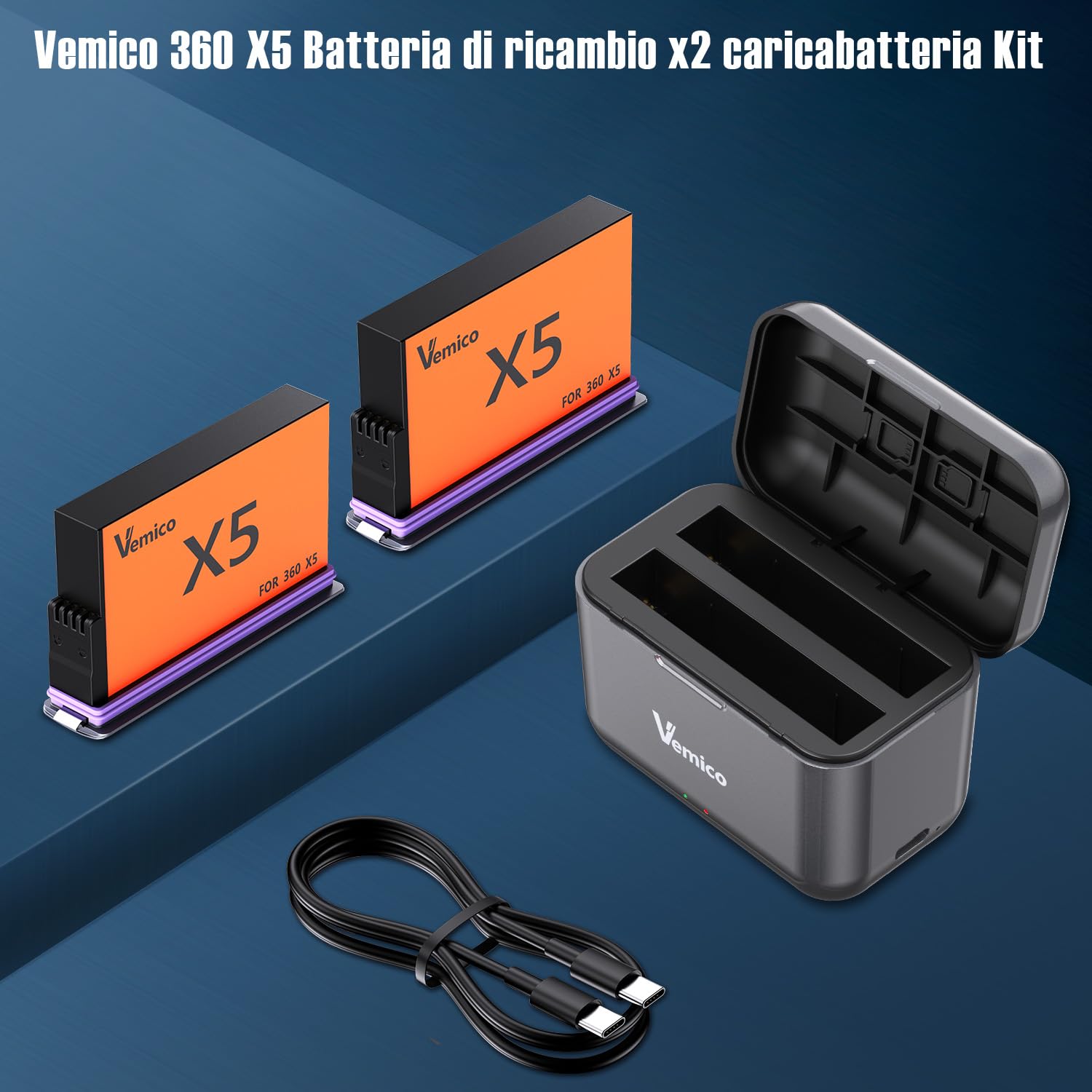 Vemico 360 X5 Caricabatteria Set 2 X 2800mAh 360 One X5 Batteria 2 canali LED X5 Caricabatteria Tipo-C Interfaccia di carica per 360 One X5 Camera(Attenzione: non impermeabile)