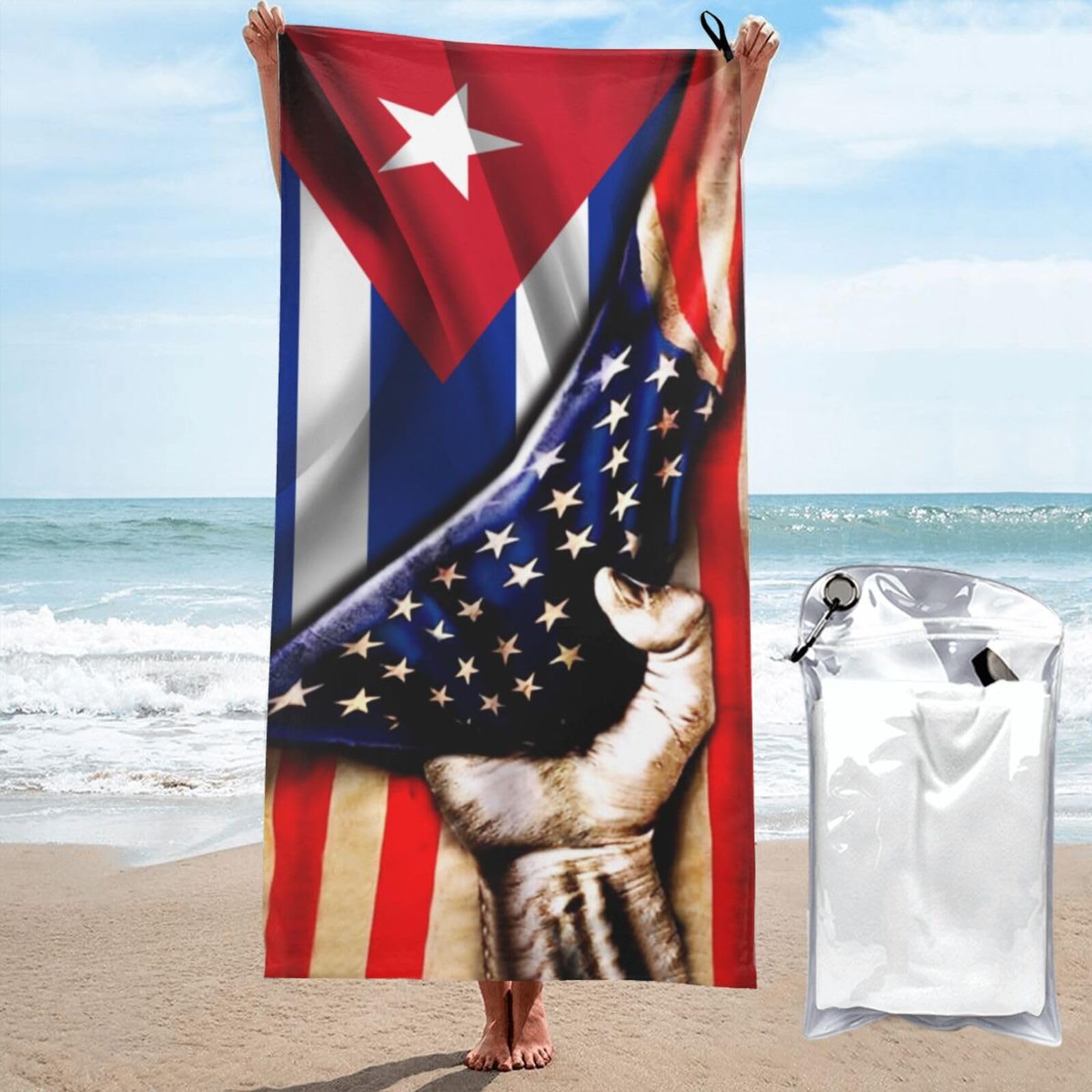 HACXZ Microfiber Beach Towel America Flag and Cuba Flag Large Camping Towel Bathroom Beach Towels