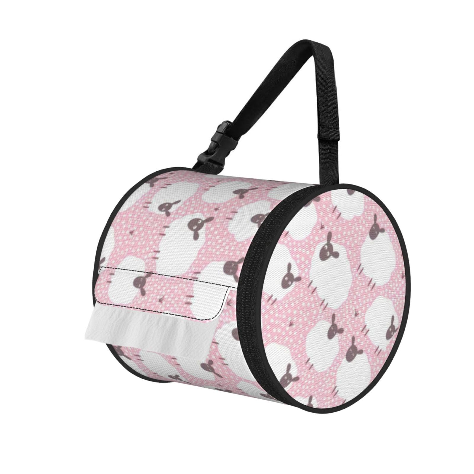 White sheep on pink background Printed Roll Paper Carrier Bag, Foldable Oxford Cloth Tissue Case for Camping Hiking Backpack