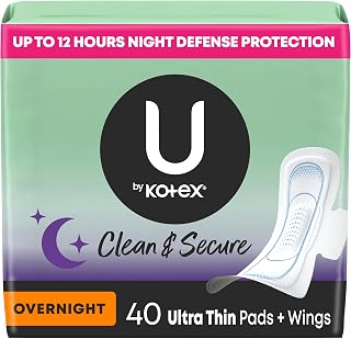 U by Kotex Ultra Thin Pads with Wings, Clean & Secure, Overnight Absorbency, 40 Count (Packaging May Vary)