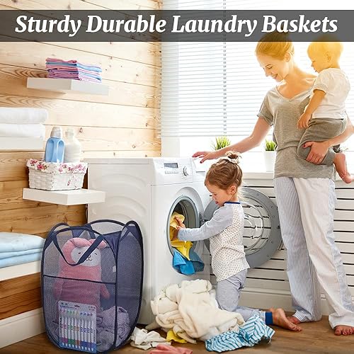 Miniatura 7 de 4 cestas plegables de malla para ropa sucia, cesta plegable con asas de transporte, cesta portátil para ropa sucia con 4 bolsas de lavado, cesta de