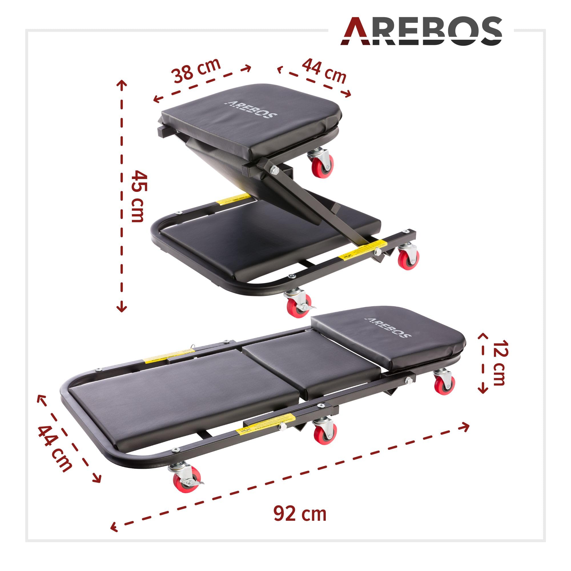 AREBOS Planche à roulettes de Montage 2 en 1 | capacité de Charge de 150 kg | 6 roulettes Mobiles | Rotation à 360° | Chariot d'atelier | siège à roulettes | Fonction Assise et couchée