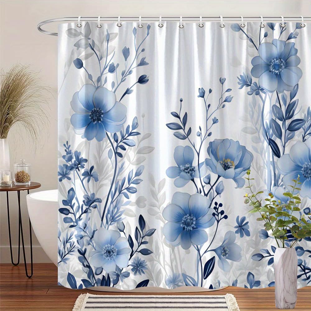 Tenda da doccia digitale con motivo floreale botanico, tessuto impermeabile con fantasia blu e bianca, ideale per bagno, vasca da bagno e altri ambienti (230x170 cm/LxA)