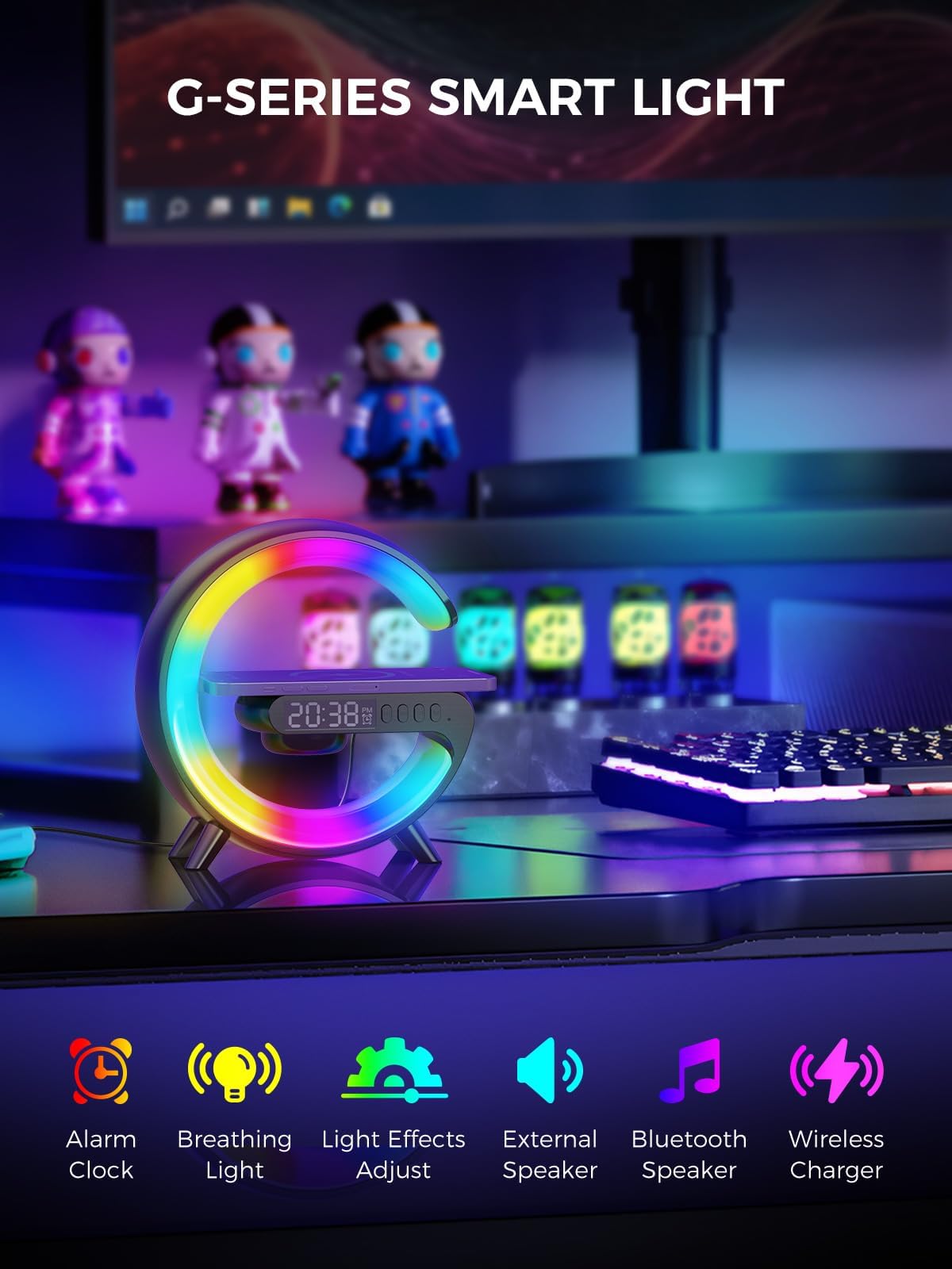 Smiling Shark Lampe de Réveil Intelligente avec Charge Sans Fil, Haut-Parleur Bluetooth, 10 Modes Lumière
