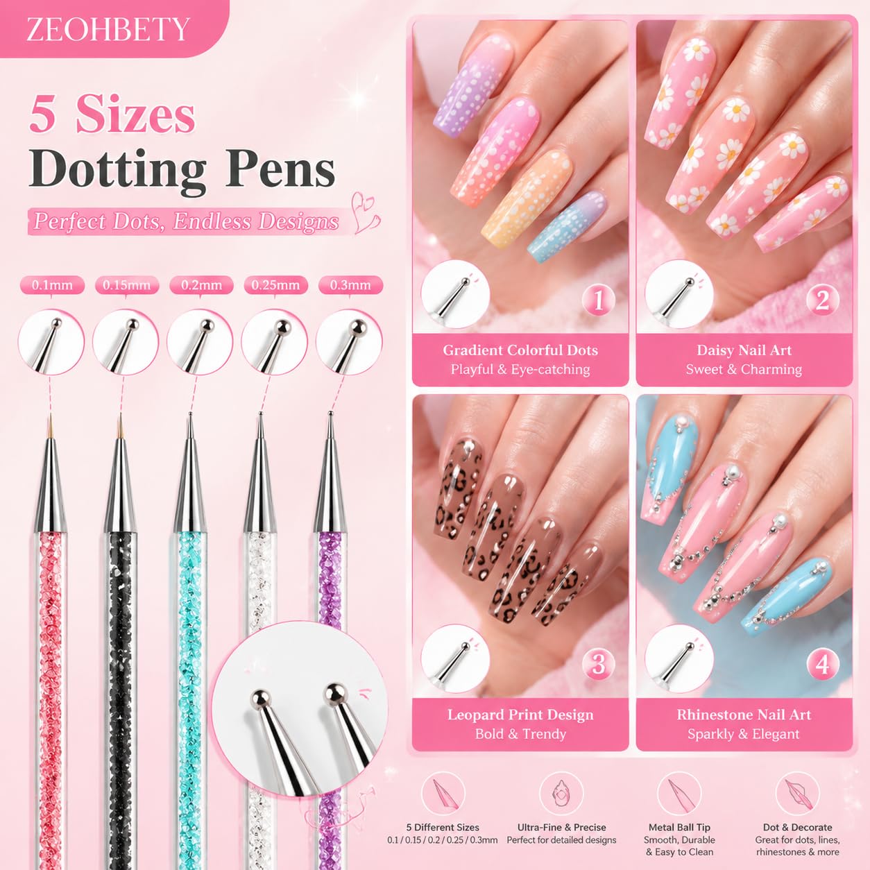 Pinceles para Arte de Uñas, 5 Piezas de Pinceles Delineadores, Herramientas de Punteado, Juego de Pinceles para Diseño de Uñas – Ideales para Líneas Largas, Tamaños 5/8/12/15/20mm