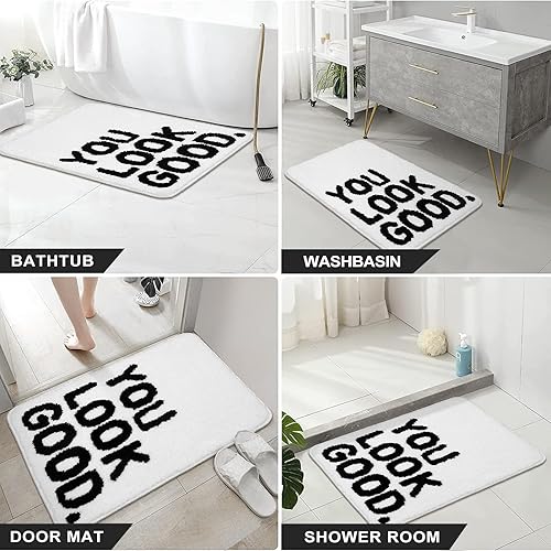 Miniatura 7 de Lukinbox Alfombras de baño de lujo, extra suaves, absorbentes de agua, de microfibra, para baño, color blanco con texto en inglés You Look Good,