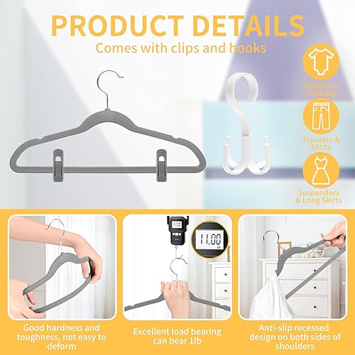 Miniatura 3 de Tinfol 60 perchas de terciopelo para niños, perchas antideslizantes de alta calidad de 14 pulgadas para armario, colgador de fieltro ultrafino con 8