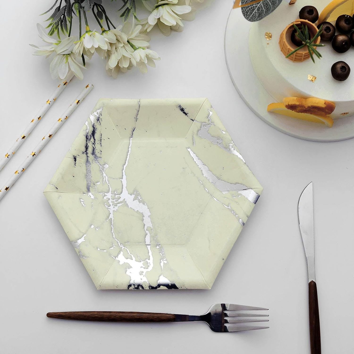 Efavormart 25 Pack 8.5" White Hexagon Salad Dessert Paper Plates with Silver Marble Foil, 400 GSM Heavy Duty Disposable Appetizer Plate for Wedding, Party