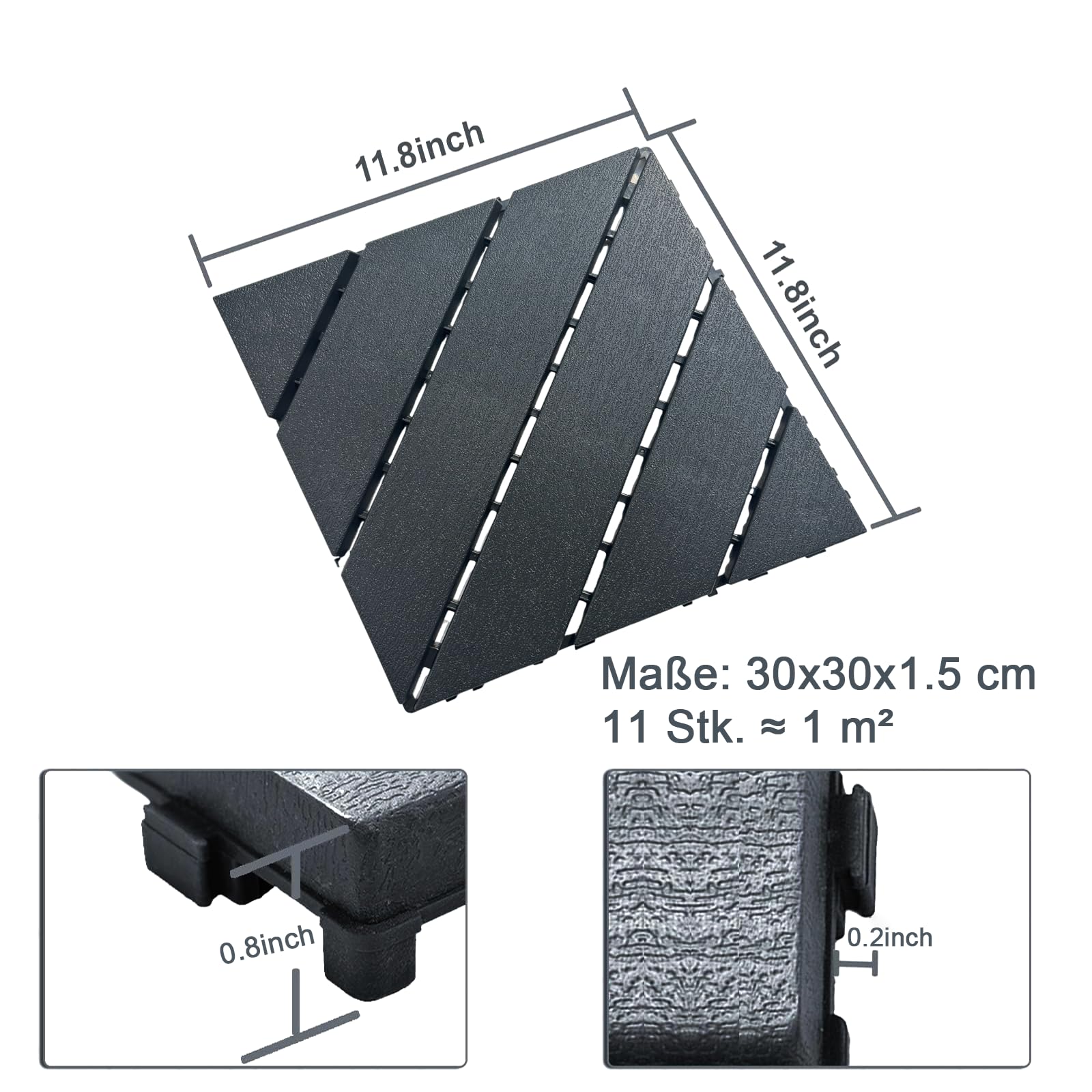 Nicoman Lot de 12 dalles de terrasse en PVC avec système à clic - 30 x 30 cm - Imperméables et antidérapants - Surface aspect pierre - Revêtement de sol pour balcon, terrasse, jardin et piscine (noir