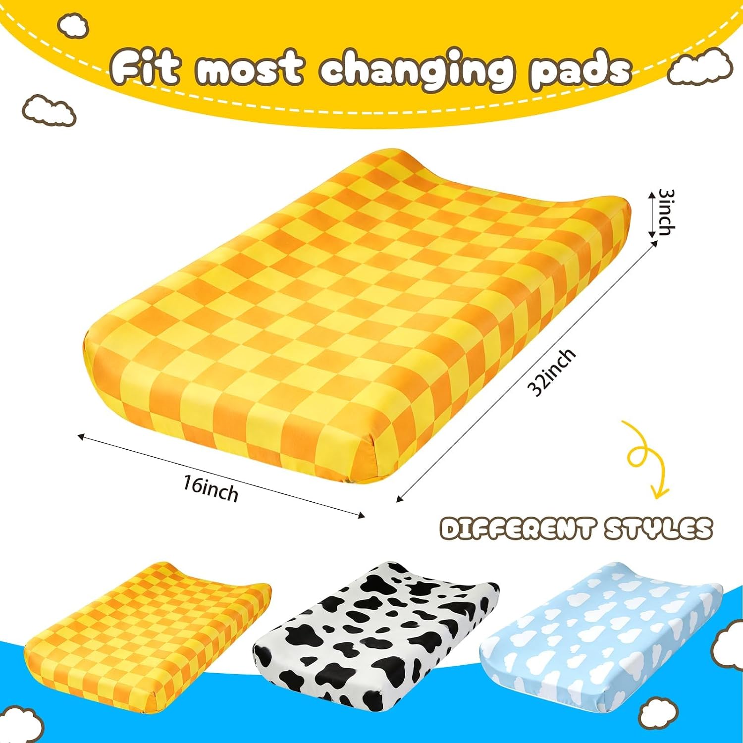 3 Pack Baby Changing Pad Cover for Boys Girls Blue Sky and White Cloud Cow Print Nursery Diaper Change Table Sheets Fitted 32''x16'' Changing Table Pad Bassinet Mattress