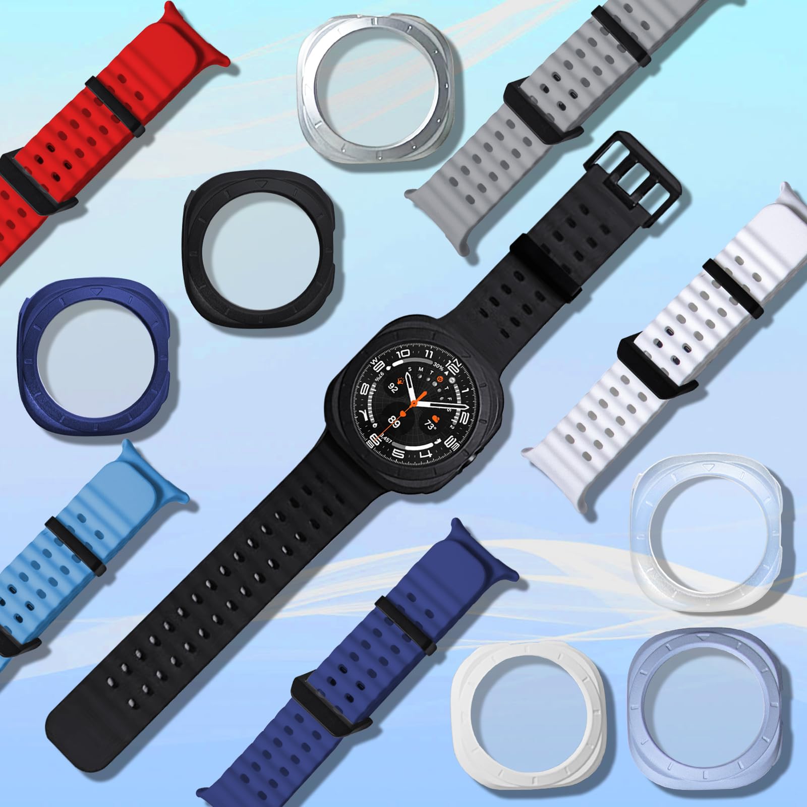 Elaikement Confezione da 6 cinturini in silicone marino per Samsung Galaxy Watch Ultra, 47 mm, uomo/donna, con 6 custodie protettive e custodia, cinturino sportivo morbido impermeabile compatibile con