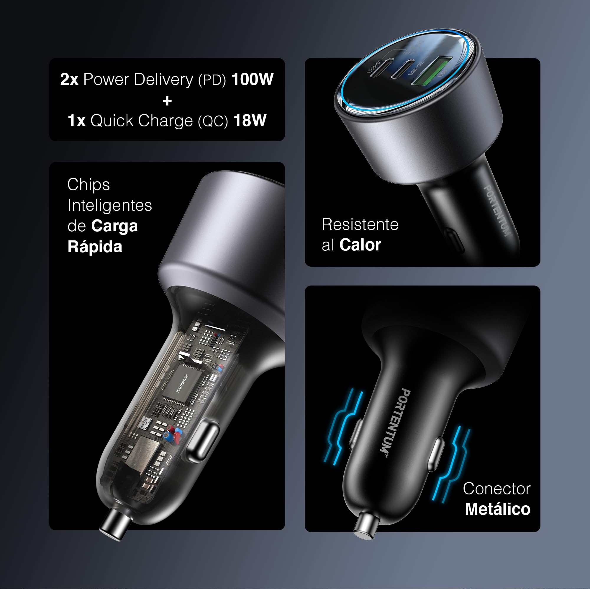 PORTENTUM Triple Cargador Coche Carga Rapida 200W – Incluye Cable de 100W USB-C – 2X USBC PD 100W + USBA QC 18W – Accesorio Mechero – para Macbook Portátil iPhone iPad Tablet Smarphone Galaxy