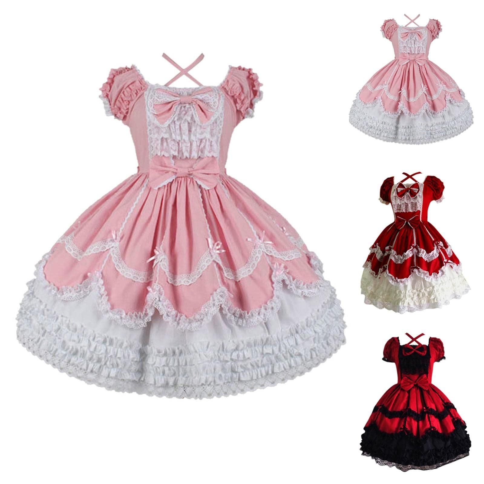 Japoński styl lolita kobiety sukienka w stylu Vintage gotycka kokarda koronkowa falbana z krótkim rękawem Patchwork sukienek Cos kostium