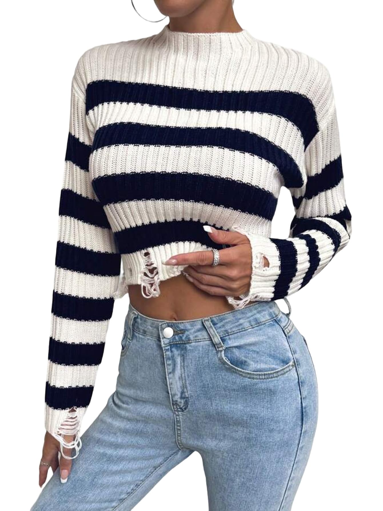 Womens Strip High Waist Long Sleeve Crop Pullover Sweater Top