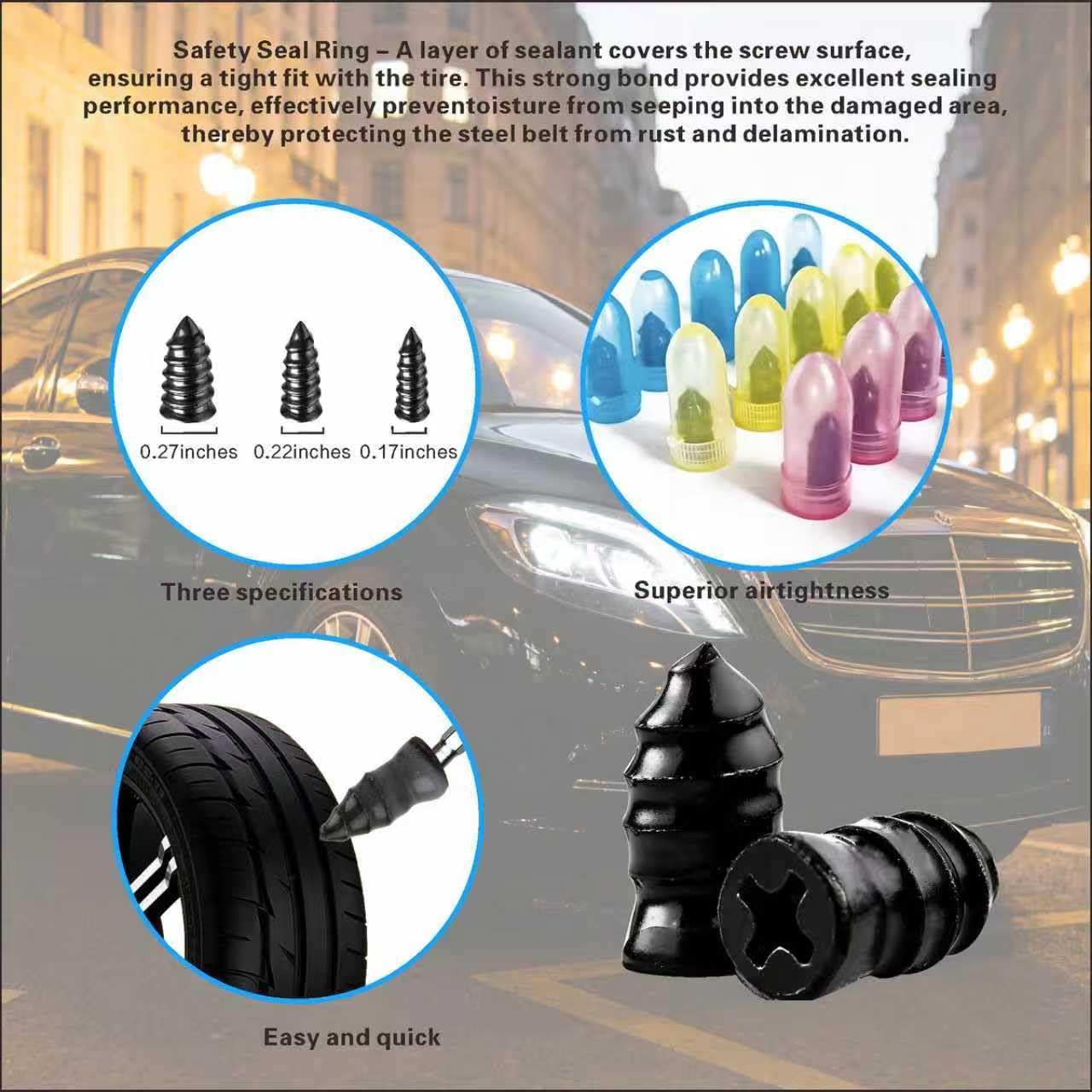 Kit di 65 tappi per pneumatici a vite, facili da usare per tutti i conducenti, viti di riparazione di emergenza per pneumatici per riparazione temporanea di forature su auto, camion, moto
