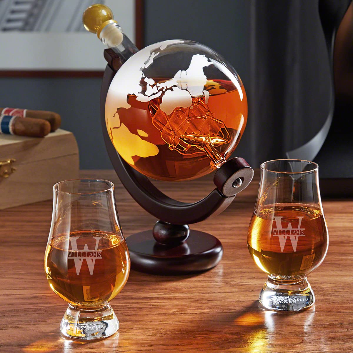 Engraved Globe Decanter Set with Glencairn Whiskey Glasses by HomeWetBar - Custom Novelty Decanter Gift Set