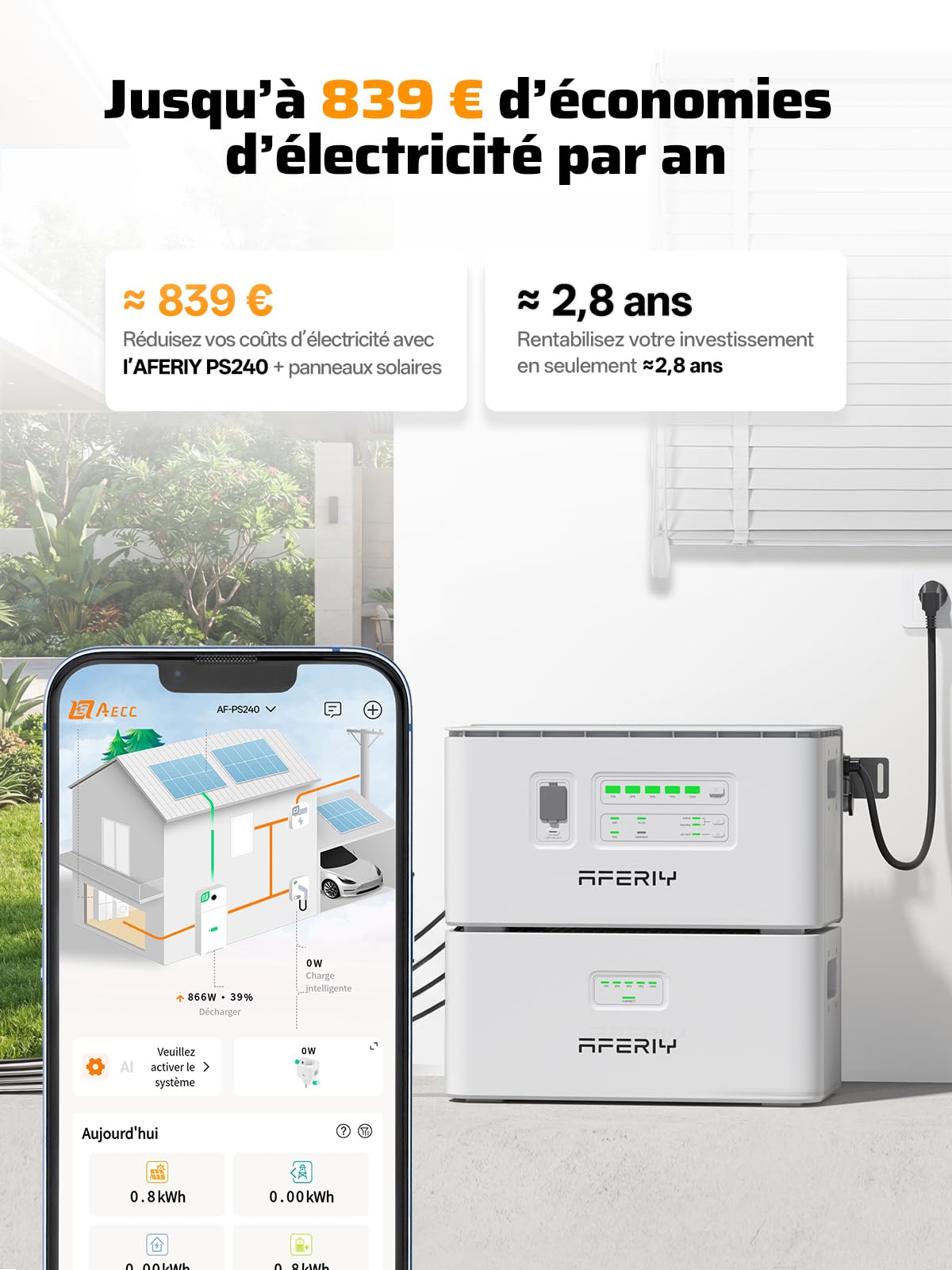 AFERIY AF-PS240-B, Batterie LiFePo4 1958Wh, Capacité Extensible à 7832Wh, Système Solaire Tout-en-Un pour Balcon, Etanche à l'eau et à la Poussière IP65, Batterie Supplémentaire pour AF-PS240