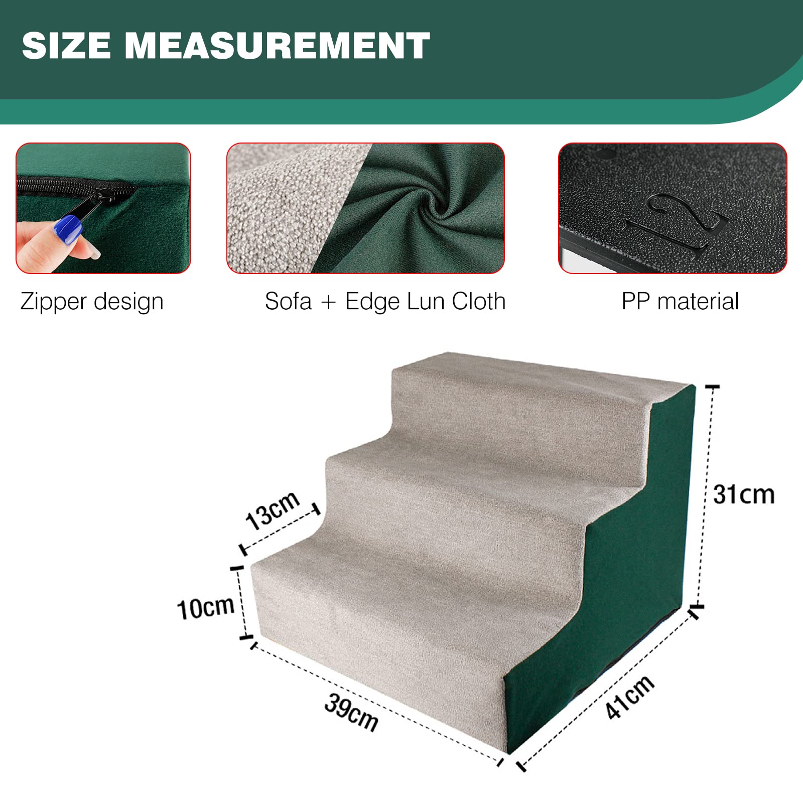 PETCUTE Scaletta per Cani e Gatti,Scala per Animali Scala per Gatti,antiscivolo,Rampe per Cani,3 Gradini Scale per Animali Domestici con Rivestimento in Peluche Lavabile,Fino a 20lb Verde