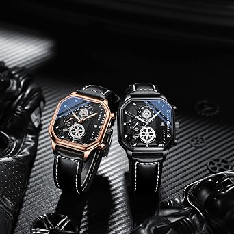 JewelryWe Uhren Herren Analog Quarz Armbanduhr Luxus Mode Rechteckig Datum Kalender 30m Wasserdicht Echtleder Leder Armband Geschäfts Beiläufige Uhr mit Stoppuhr und Leuchtend Zeiger