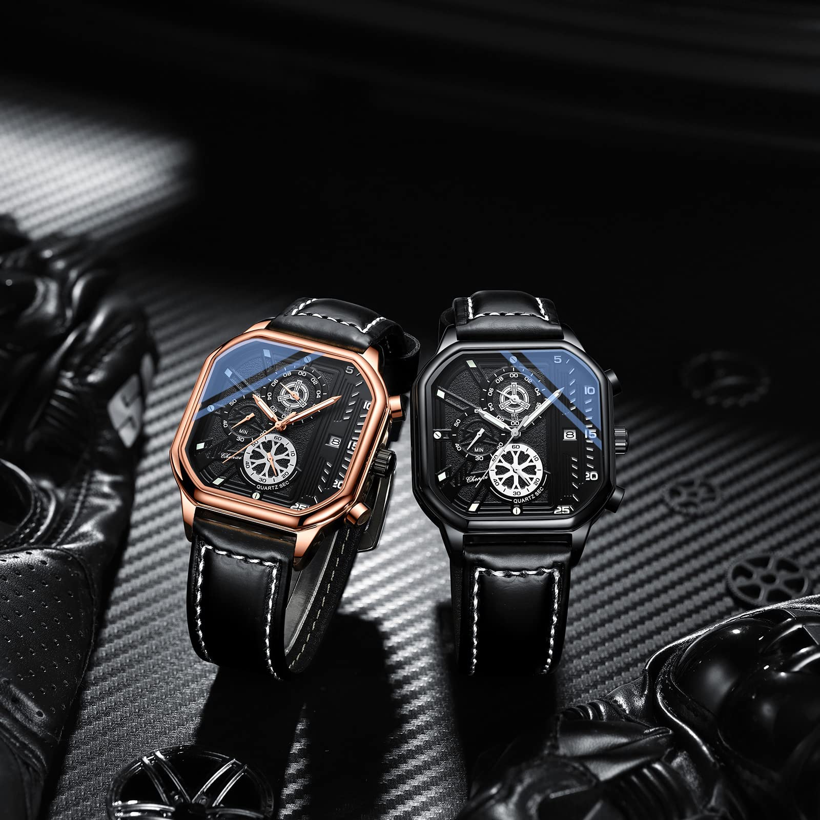 JewelryWe Zegarki dla mężczyzn kwadratowe analogowe świecące wskazówki kwarcowy kalendarz zegarek fajny skórzany pasek zegarek na rękę, 2 sztuki