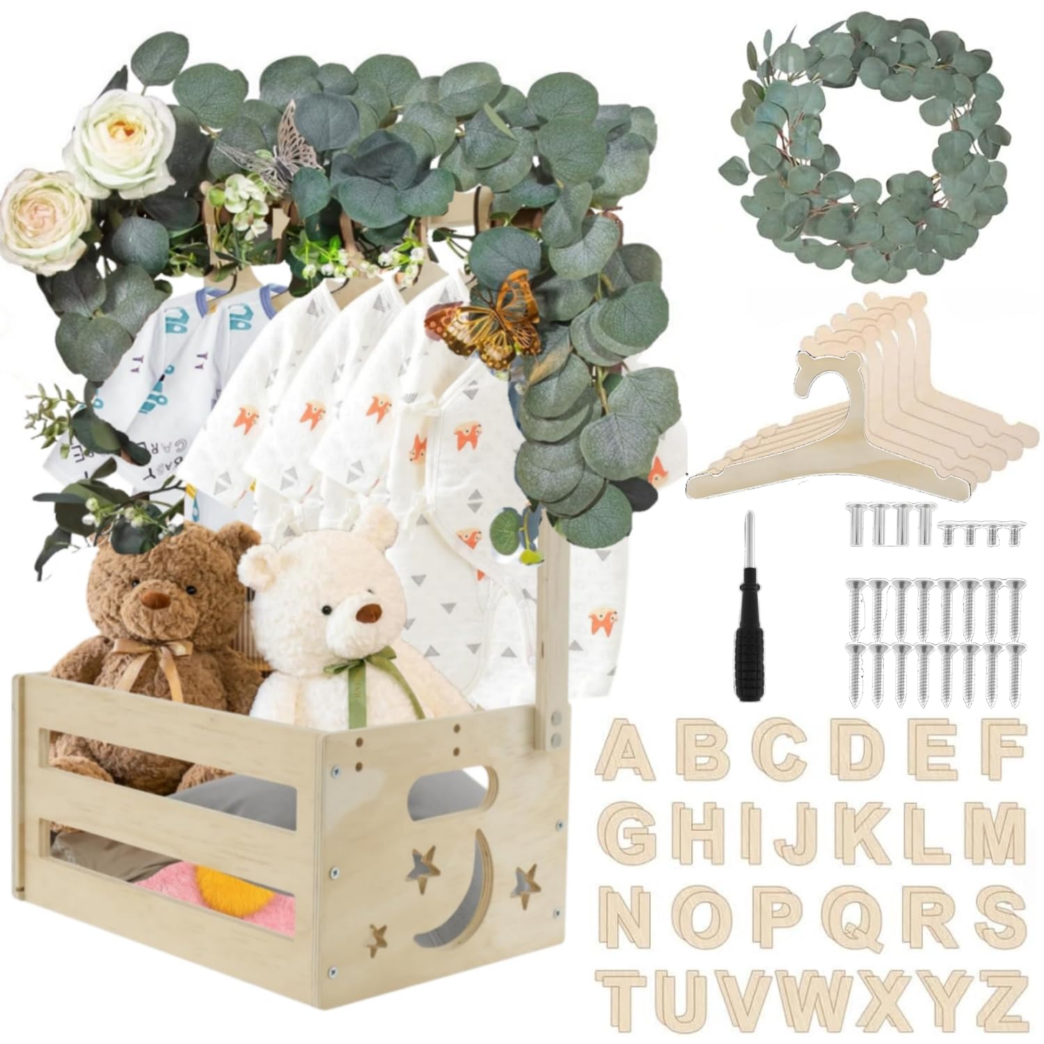 Wooden Baby Shower Crate Closet with 6 Hangers, 2 Sets of 26 Alphabet Letters, 1 Meter Rattan Vine, Baby Clothes Rack