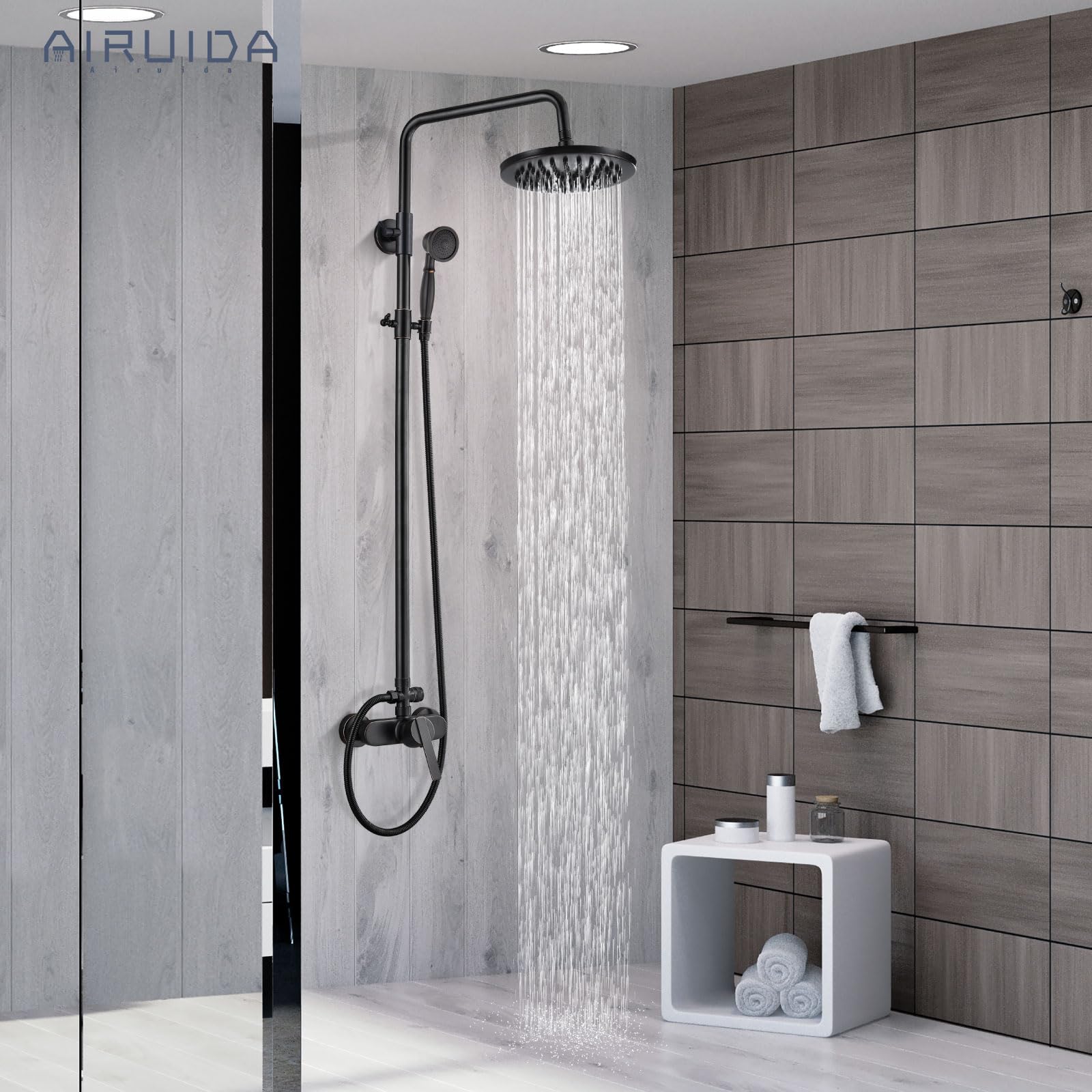 Brushed Nickel Shower Fixture 8 inch Rain Shower Head Exposed Pipe Shower System Single Handle Dual Functions Shower Faucet Combo Unit Set Adjustable Shower Head Bar Modern