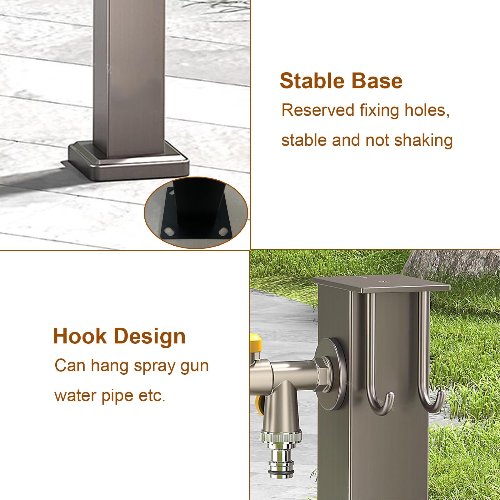 Colonna Acqua Giardino da Esterno, Rubinetti da Esterno Fontana da Giardino in Acciaio Inox 304 con Gancio per Tubo Dell'acqua, 3 Uscite D'acqua, per Irrigazione di Giardini, Fattorie, Pascoli