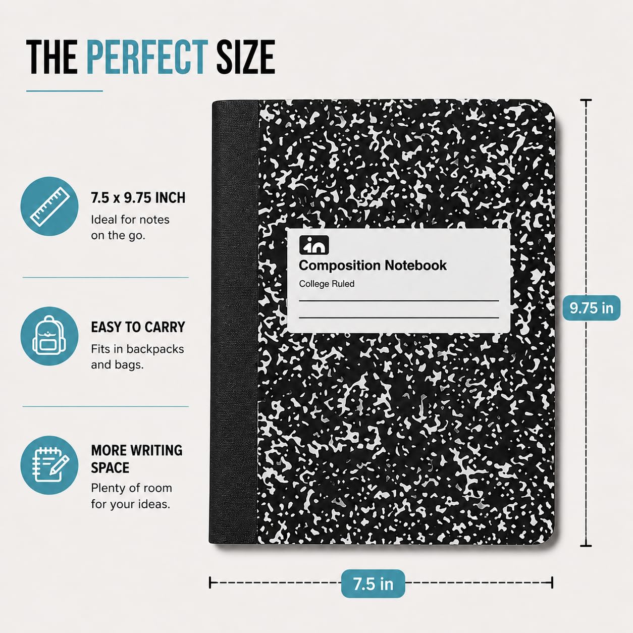 1InTheOffice College Carnet de notes ligné 9,75 x 7,5, couverture en marbre noir, 100 feuilles, (Lot de 12)