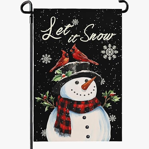 Bandera de jardín de nieve de nieve, muñeco de nieve de invierno, bandera de patio de doble cara cardenal de pájaros, pancarta negra de feliz