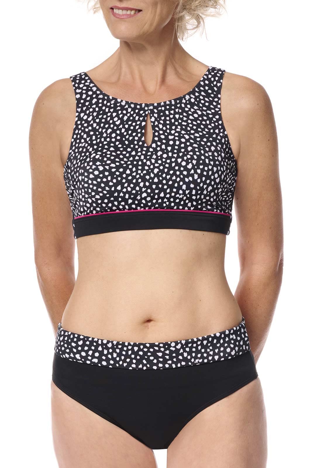 Amoena Manila High Neckline Wire-Free Bikini Top Mastectomy Pocketed Swimwear Black/White Parte Superior Mujer