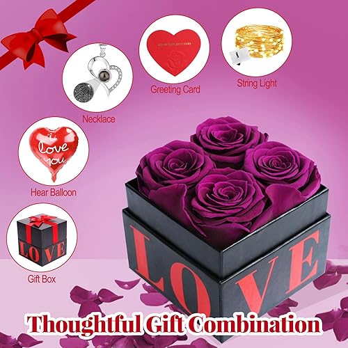 Miniatura 10 de MACTING Flores preservadas de 4 piezas, rosas blancas para siempre con collar y globo en forma de corazón, flores frescas en una caja para San
