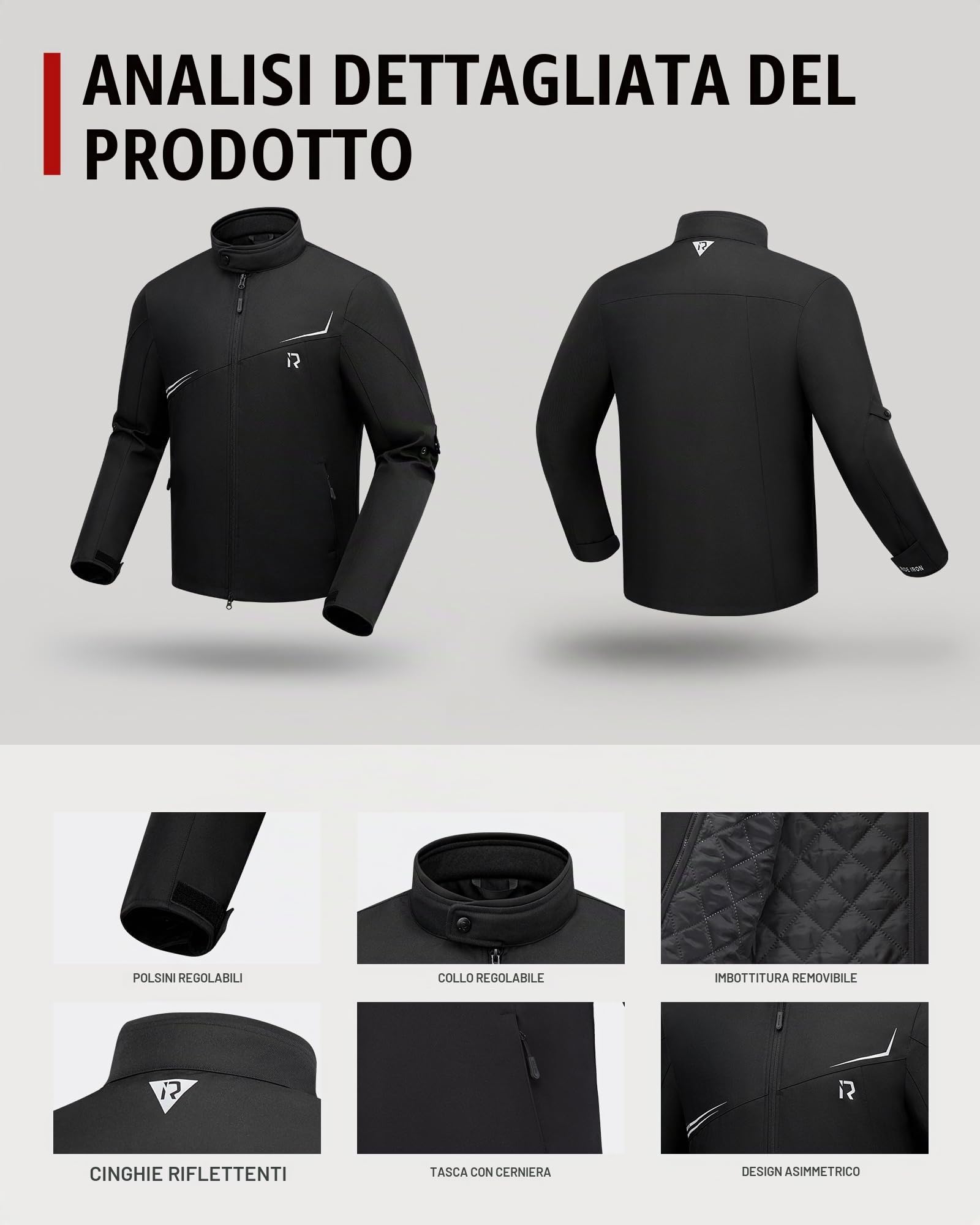 RIDEIRON Giacca Moto Uomo Inverno con Spalline e Gomitiere CE Equipaggiamento, Fodera Sfoderabile, antivento Protezione dal freddo Tutte le Stagionicon,Nero