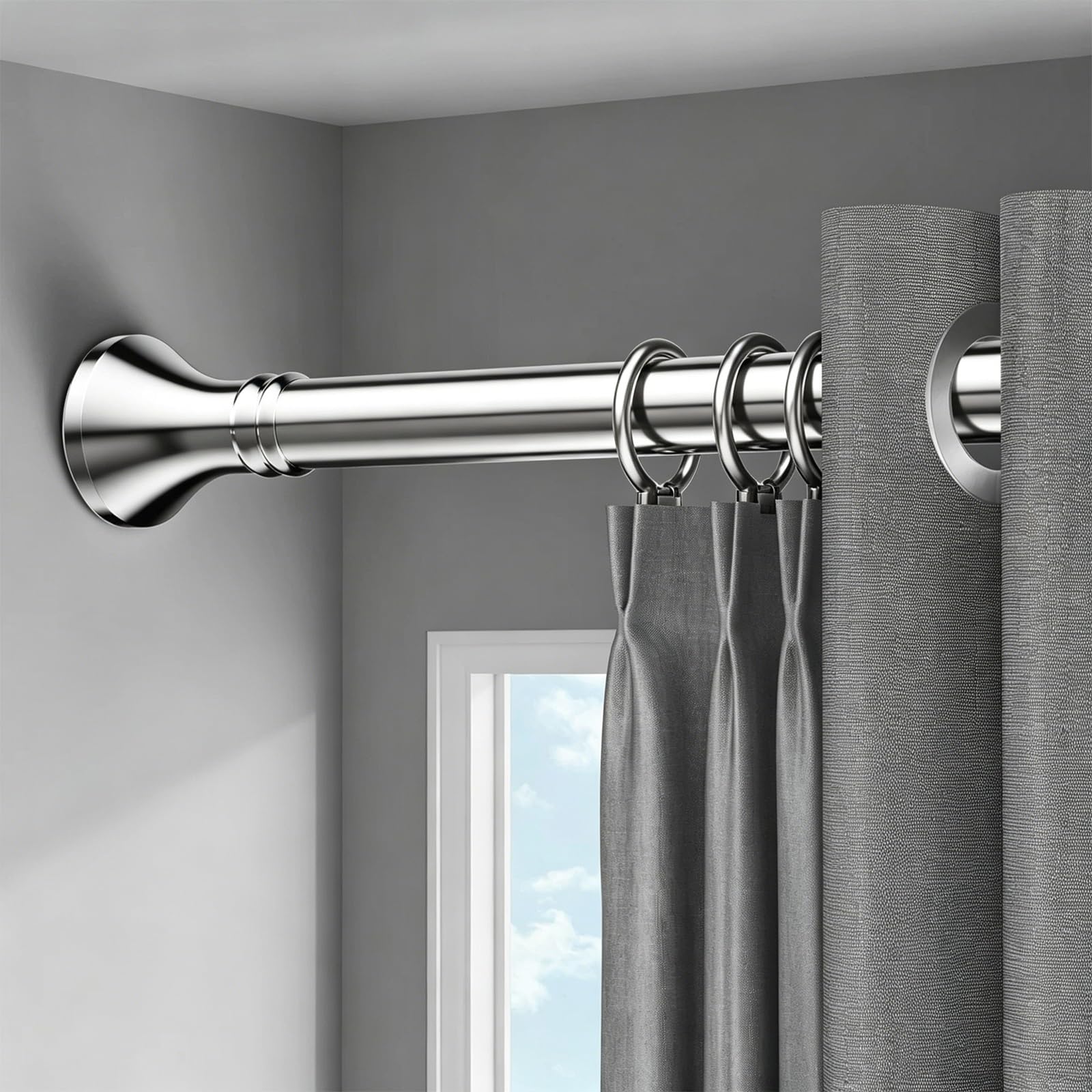 Stainless Steel Tension Curtain Rod with 10 Rings Adjustable 16-197in Rustproof Shower Curtain Rod No Drilling for Bathroom Bedroom Kitchen Windows(Silver,210-300cm/83-118in)