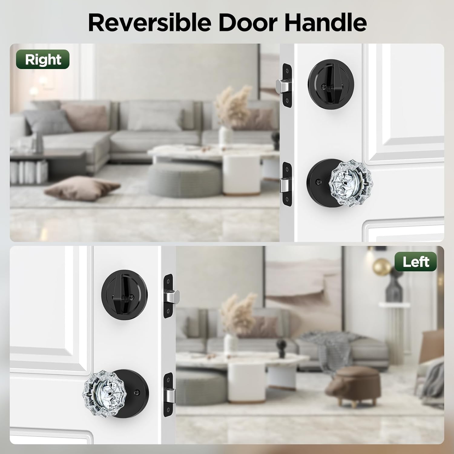 Black Front Door Handle and Deadbolt Set, Classic Front Door Lock Set with Crystal Glass Door Knob, Reversible Entry Door Handle for Right&Left Handed, Matte Black