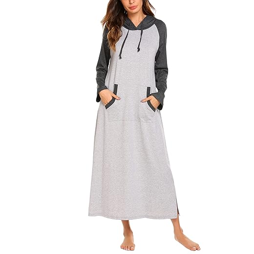 Ekouaer Nightgown,Women’s Hooded Robe Full Length Sleepwear Pocket Loungewear