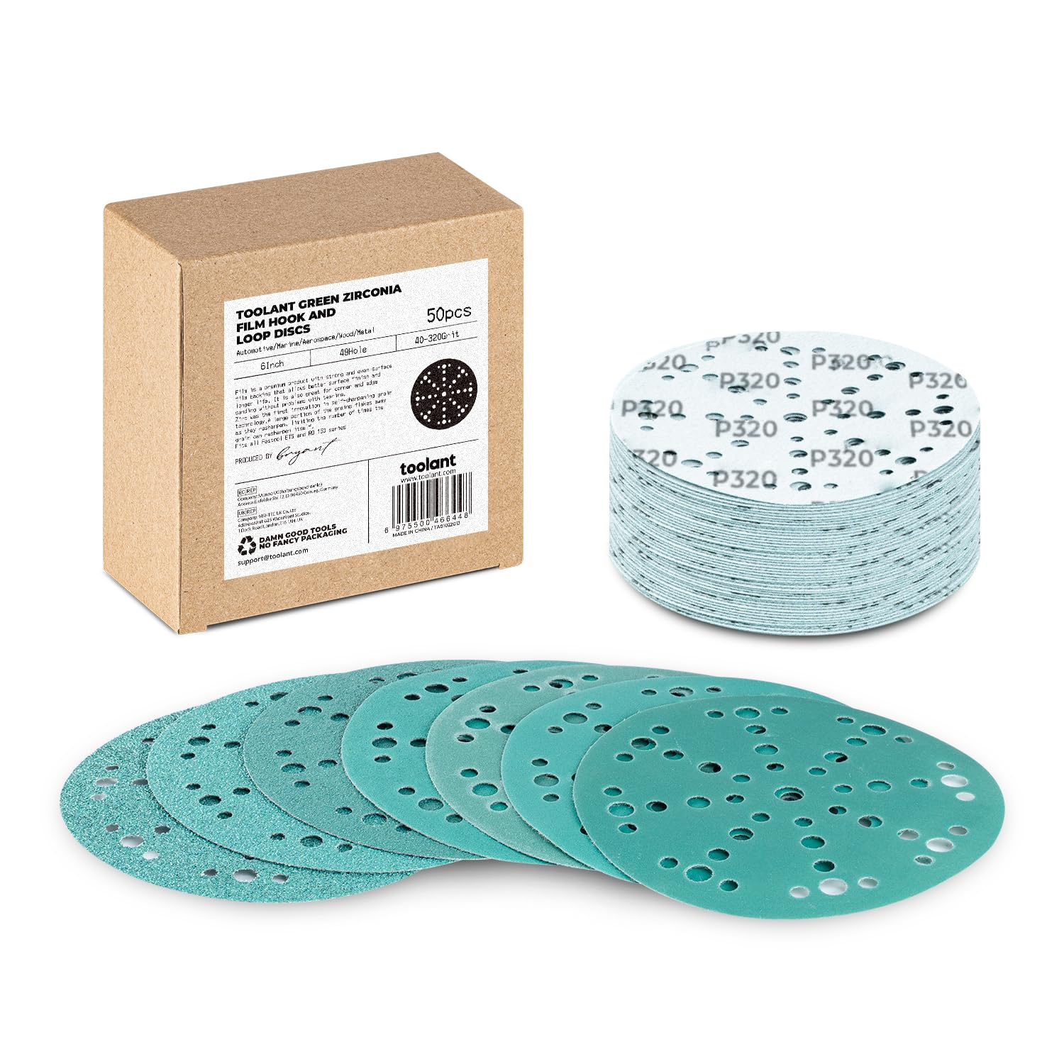 6 Inch 49 Hole Assorted Sanding Disc, Hook and Loop Film Backing Sanding Discs Compatible with Festool Sanders by toolant - 50 Pack (40-320 Grit)