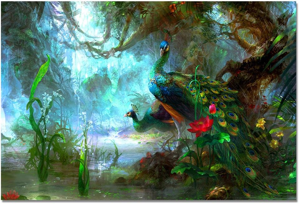 Large Size Classical Animal Canvas Giclee Print Painting Peacock Walking Landscape Scenery Hotel Wall Art Decor Picture (36x48 Inch Unframed)