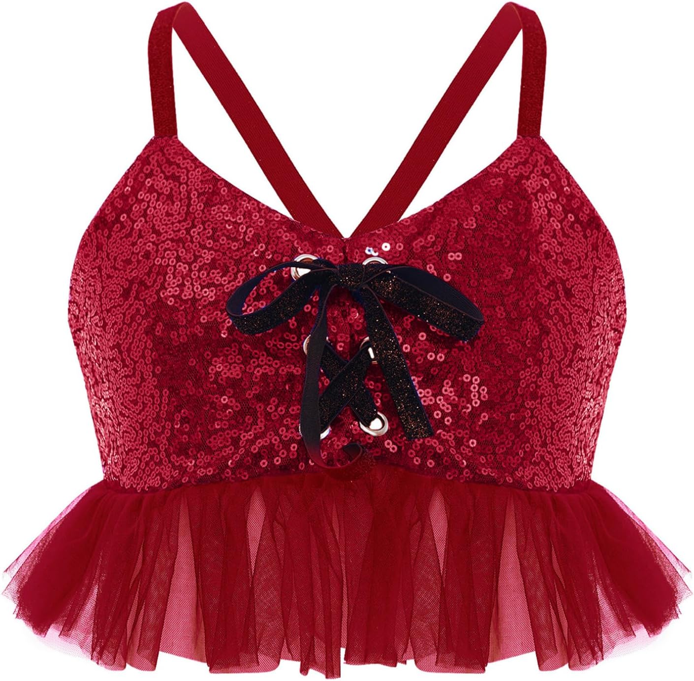 FEESHOW Kids Girls Sequins 2pcs Jazz Dance Outfits Strappy Mesh Crop Top with Flare Pants for Hip Hop Dance