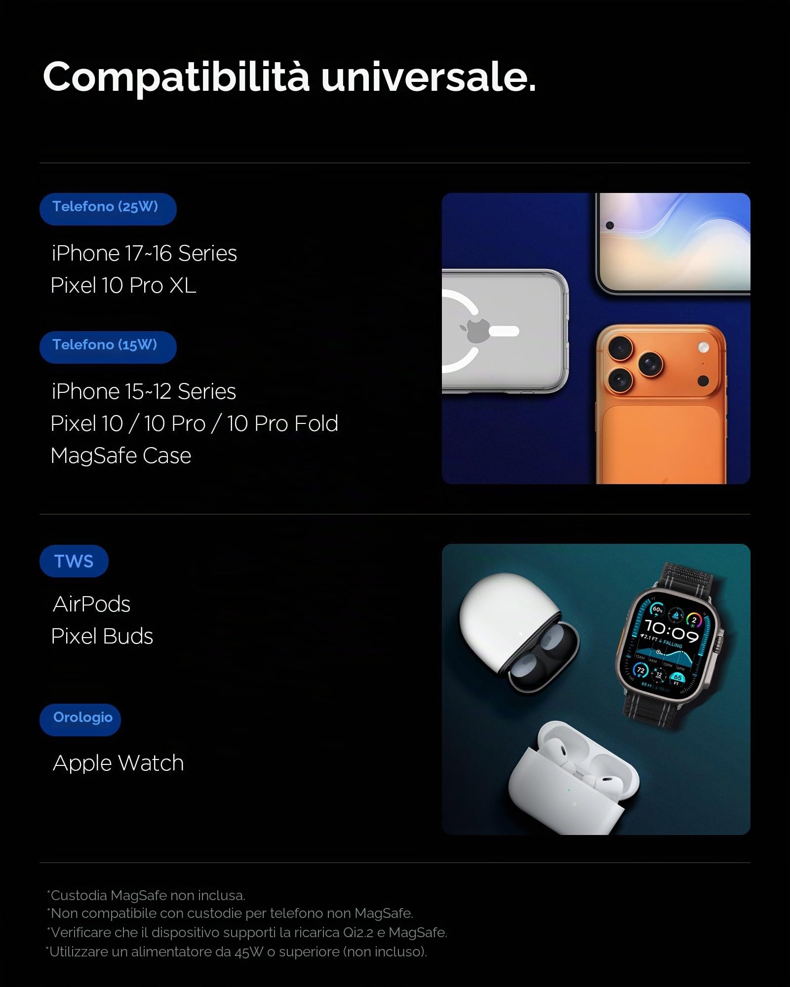 Spigen Essential Qi2.2 25W Caricatore Wireless MagSafe 3-in-1 (Incl. Cavo USB-C 2 m) Stazione di Ricarica per iPhone 17/16/15/14/13/12 Pro Max Air 17e, AirPods 4/3/2, Apple Watch SE