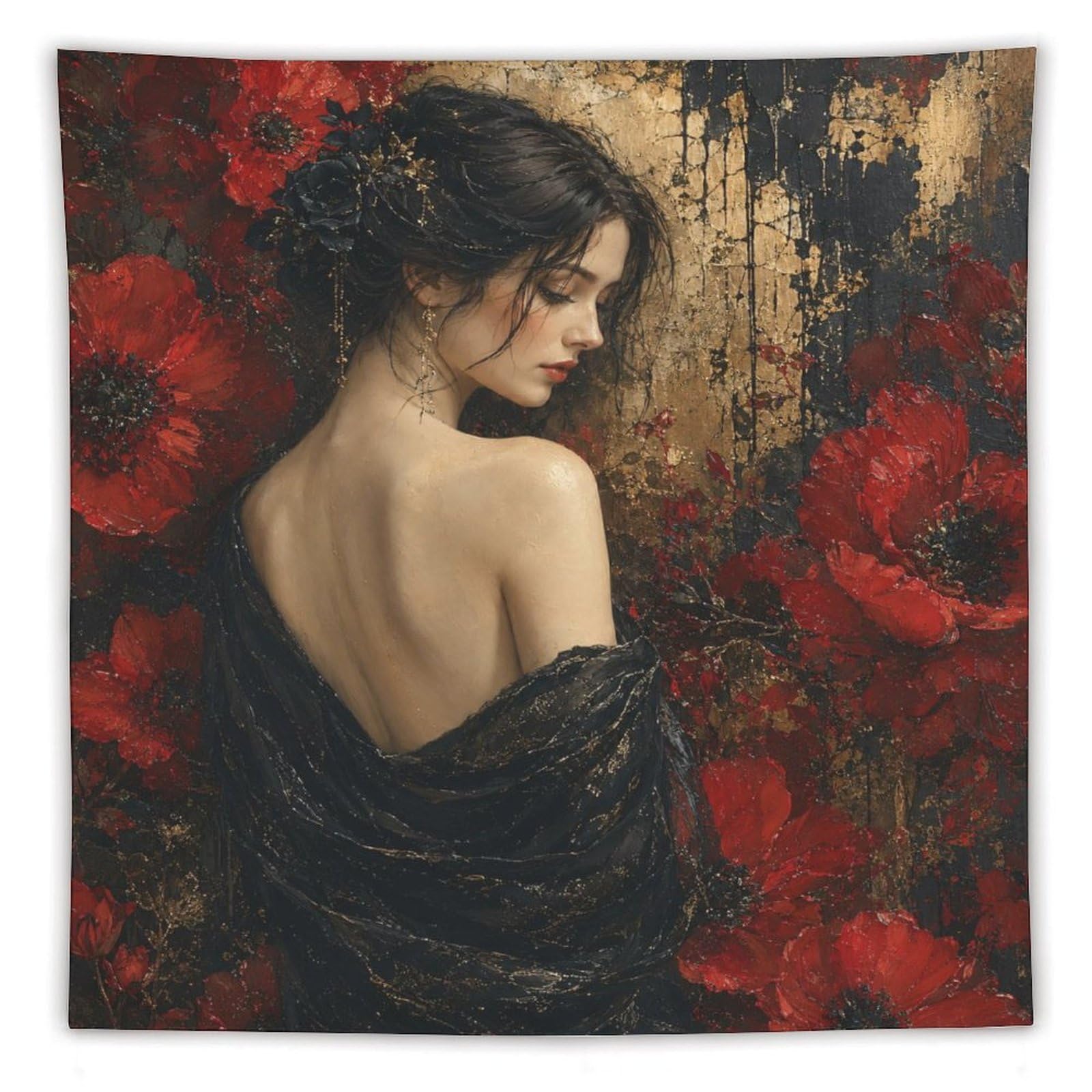 W7C8U2X3 Red Poppy Woman Portrait Wall Tapestry, Impressionist Style
