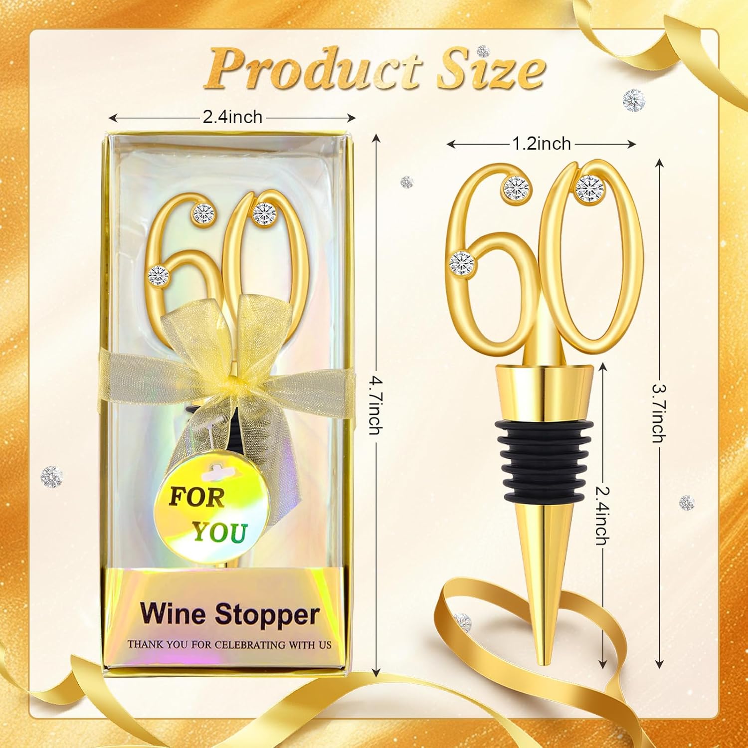 30Pcs 60th Birthday Wine Stopper Party Favors Gold Wedding Favor Wine Bottle Anniversary Wine Stopper Souvenirs for Guests Wine Bottles Stopper Decorative for Wedding Anniversary Parties(60th) - Image 2