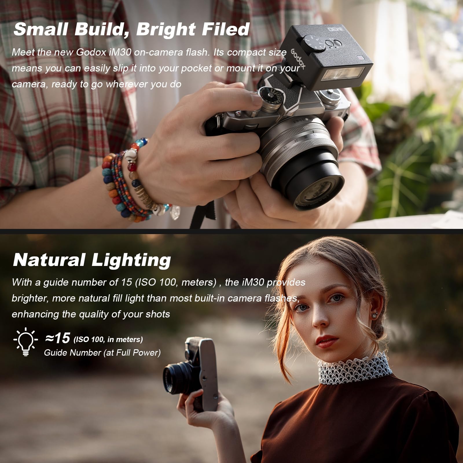 Godox IM30 Mini Flash De Bolsillo Manual Speedlite,S1/S2 Portable Flash De Zapata con Control óptico 7 Niveles De Potencia 6500K±200K Temperatura De Color para Sony,Canon,Nikon(con difusor Tricolor)