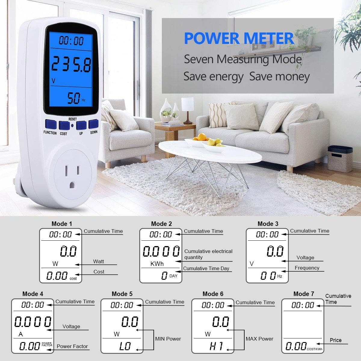 Upgraded Brighter LCD Display Night Vision Power Meter Plug, Power Consumption Monitor Energy Voltage Amps Electricity Usage Monitor, Overload Protection, 7 Display Modes for Energy Saving, Watt Meter - - 