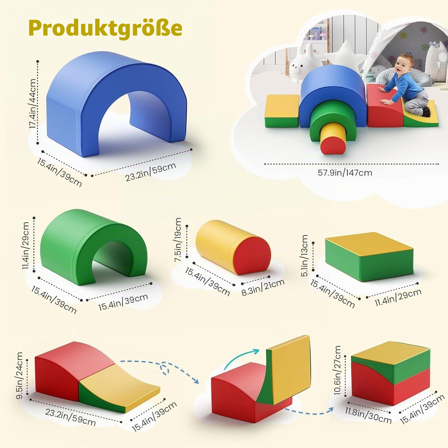 5-teiliges Weiches Baby Kletter-Set mit Krabbeltunnel & Rutsche, Motorikspielzeug ab 1 Jahr, Bunte Schaumstoff-Bausteine für Kinder, Sicher & Leicht, Fördert Kreativität & Bewegung