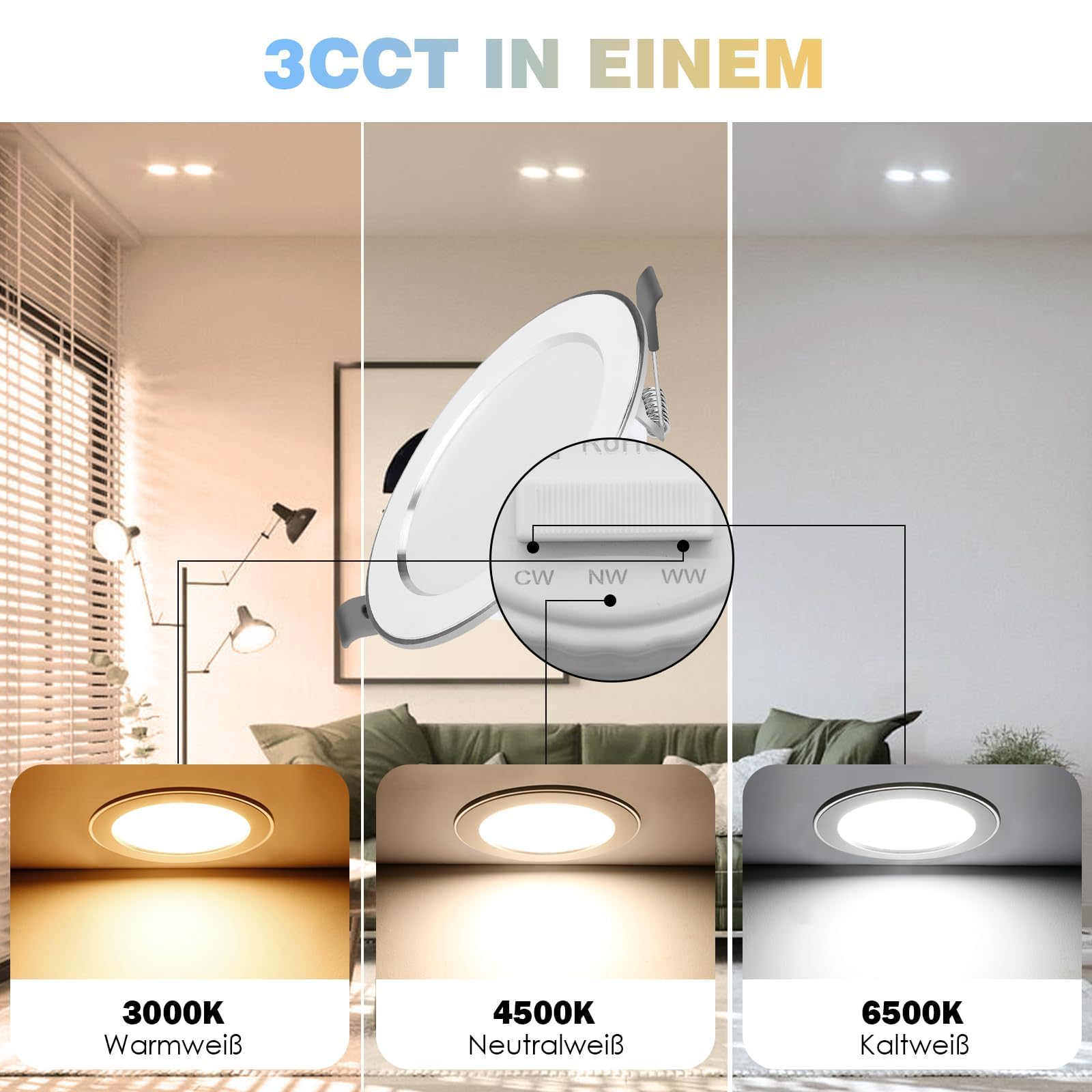 Faretti da incasso LED dimmerabili, 230 V 3000 K-6500 K Faretti da incasso ultrapiatti in alluminio, 7 W 700 LM luci spot, Ø di incasso 80-100 mm Faretti LED - Set da 6