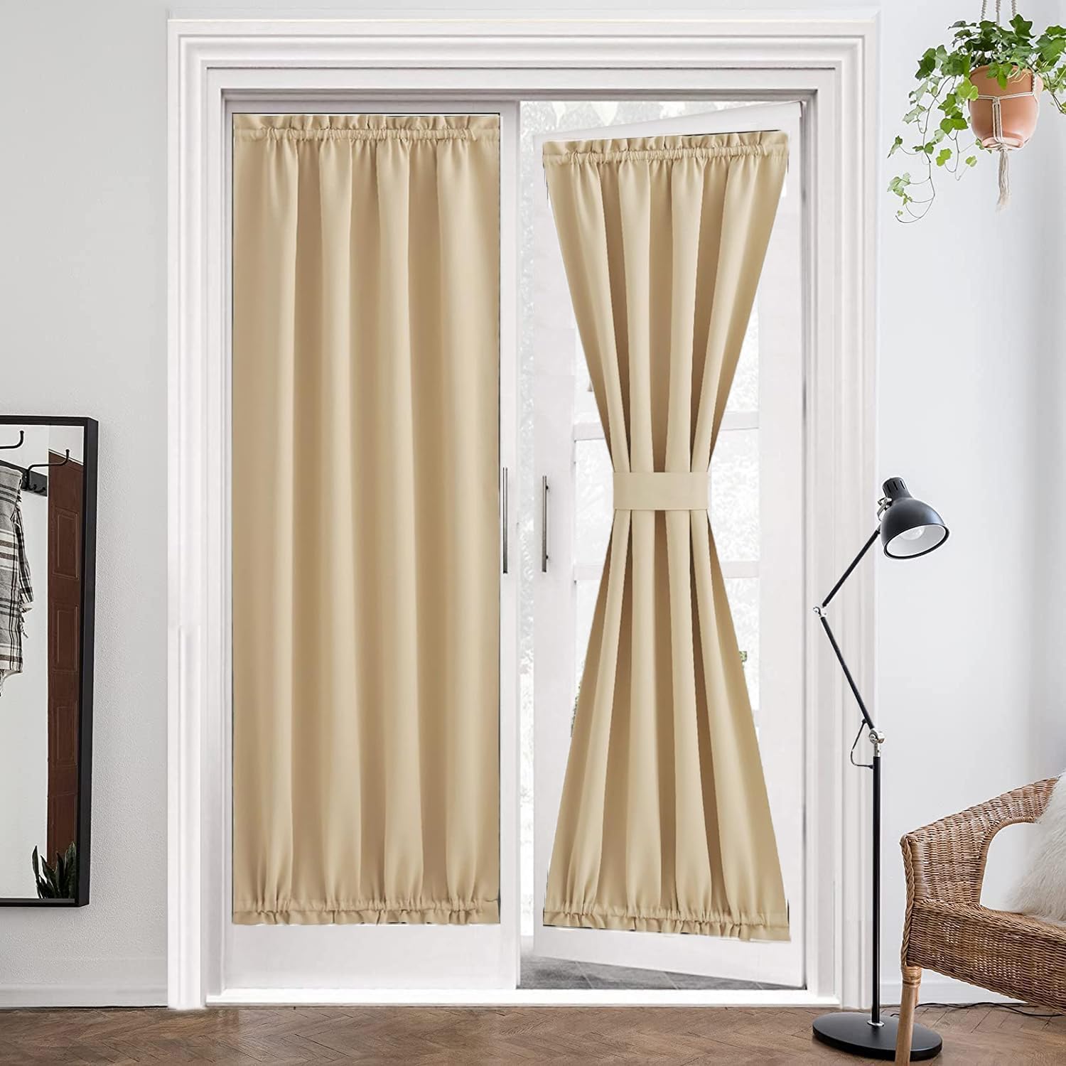 ZHhan French Door Curtains Privacy Blackout French Door Rod Pocket Drapes for Glass Door Home Office,Sidelight Curtain Tie up Shade,Easy Installed 12"x26",Beige,1 Panel