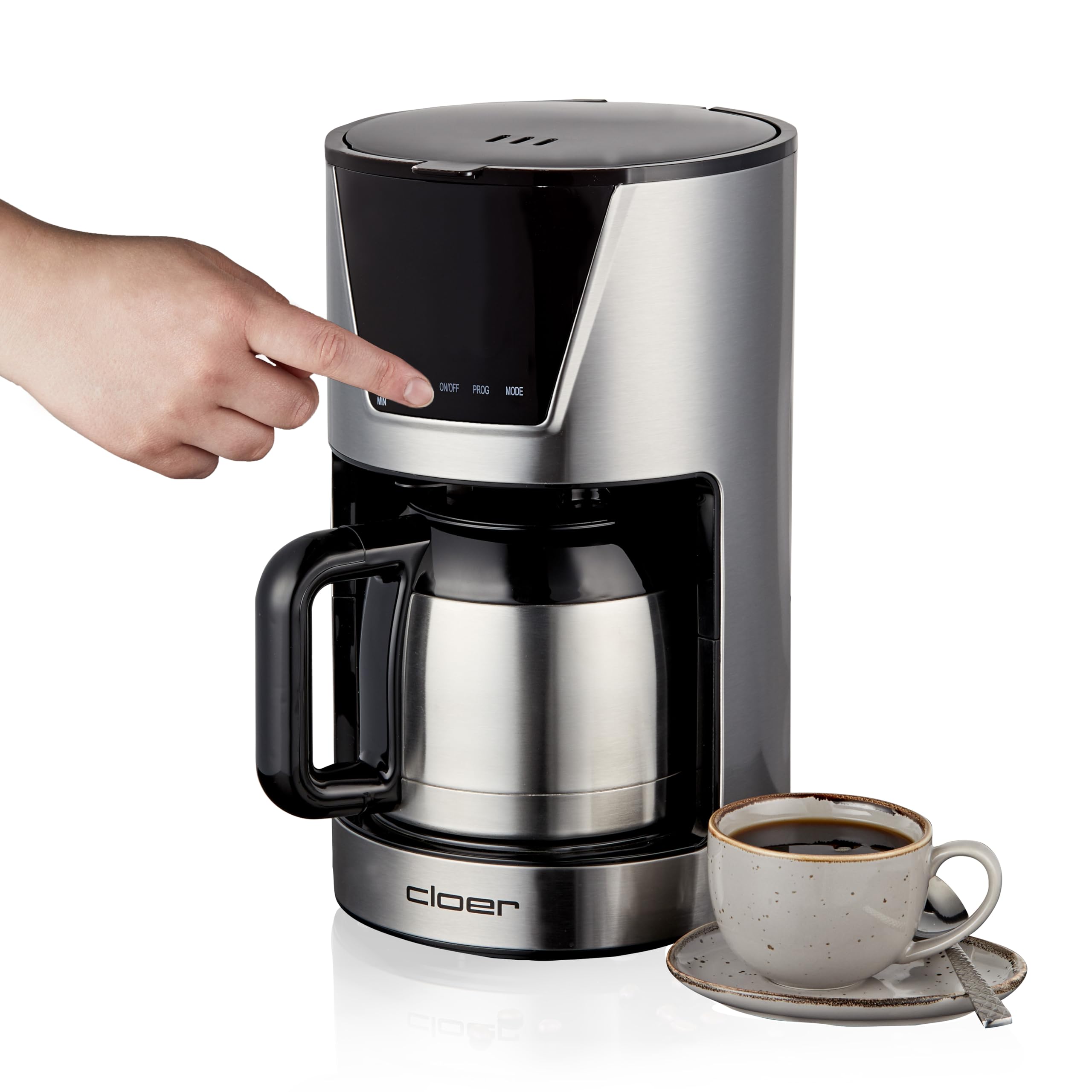 cloer 5258 Cafetera de filtro para 10 tazas, función de mantener caliente, Cuchara medidora, Niveles de aroma seleccionables, pantalla táctil LCD, temporizador, tamaño del filtro 1 x 4, 800 W